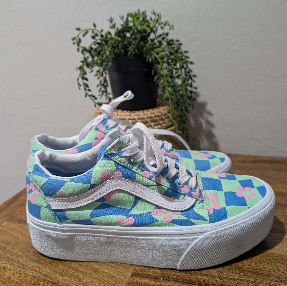 Vans Kids Blue and‎ Pink Checkered Sneakers Womens 8.5 Mens7